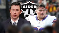 Raiders HC Klint Kubiak and Bills C Connor McGovern. Las Vegas Raiders logo behind them.