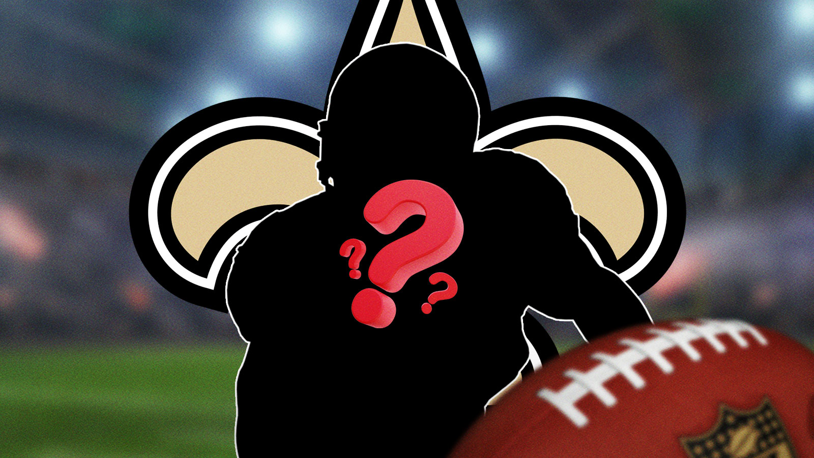 A silhouette of an American football player with a big question mark emoji inside. There is also a logo for the New Orleans Saints in the background.