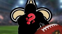 A silhouette of an American football player with a big question mark emoji inside. There is also a logo for the New Orleans Saints in the background.