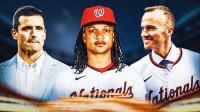 IMAGE: Washington Nationals president of baseball operations Paul Toboni on the right side, Washington Nationals manager Blake Butera on the left side, shortstop CJ Abrams in the center, Nationals Park (home stadium of the Washington Nationals) in the background