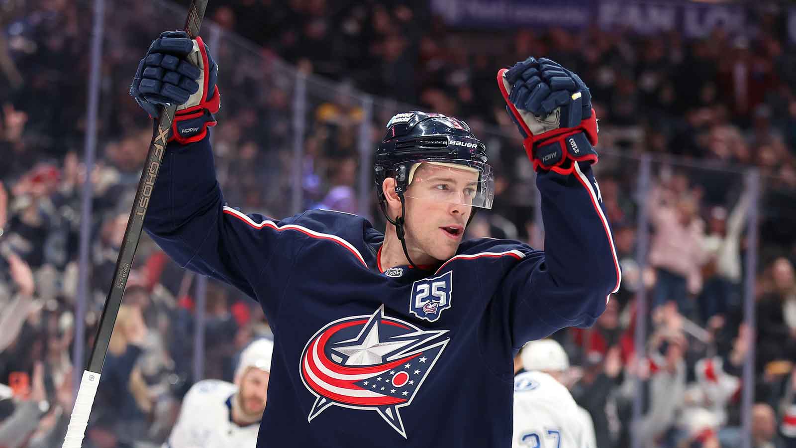 Columbus Blue Jackets center Charlie Coyle (3) celebrates his goal during the second period against the Tampa Bay Lightning at Nationwide Arena.