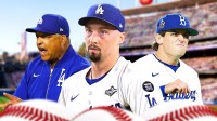 Graphic with Dodgers' Blake Snell, Dave Roberts, and Landon Knack