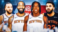 Andre Drummond and Ayo Dosunmu in New York Knicks jerseys, Jalen Brunson and Karl-Anthony Towns around him, NBA Trade Deadline wallpaper in the background
