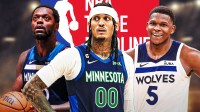 Jordan Clarkson in a Minnesota Timberwolves jersey, Anthony Edwards and Julius Randle around him, NBA Trade Deadline wallpaper in the background