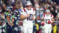 New England Patriots quarterback Drake Maye (10) looks on during the fourth quarter against the Seattle Seahawks in Super Bowl LX at Levi's Stadium.