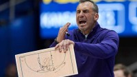 Green Bay Phoenix head coach Doug Gottlieb reacts during the second half against the Kansas Jayhawks at Allen Fieldhouse.