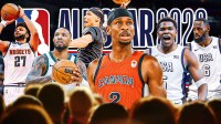 Left side of the graphic is Damian Lillard and Jamal Murray shooting 3-pointers. Middle of graphic is Shai Gilgeous-Alexander (in Team Canada gear) and Anthony Edwards and LeBron James in Team USA gear. On the right side of the graphic is Jaxson Hayes dunking. NBA All-Star logo front and center.