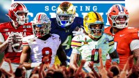 Fernando Mendoza, Arvell Reese, Jeremiah Love, Jordyn Tyson, Peter Woods all together. 2026 NFL Scouting Combine logo front and center.