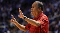 Houston Cougars Head Coach Kelvin Sampson gives instruction during the first half against the BYU Cougars at Marriott Center.
