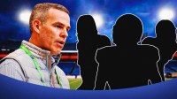Bills GM Brandon Beane looking at silhouettes of Tyler Bass, Taylor Rapp, and Curtis Samuel