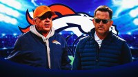 Broncos HC Sean Payton and Broncos GM George Paton. Denver Broncos logo behind them