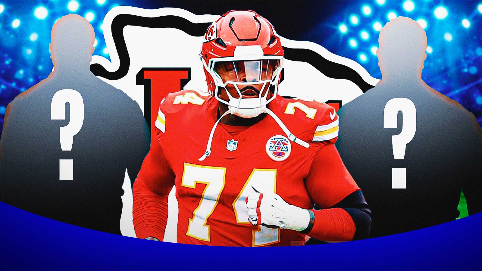 Kansas City Chiefs tackle Jawaan Taylor with two silhouettes of American football players with big question mark emojis inside. There is also a logo for the Kansas City Chiefs.