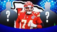 Kansas City Chiefs tackle Jawaan Taylor with two silhouettes of American football players with big question mark emojis inside. There is also a logo for the Kansas City Chiefs.