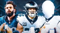 Dallas Goedert, Reed Blankenship, a third blacked-out player in front of the Eagles stadium.