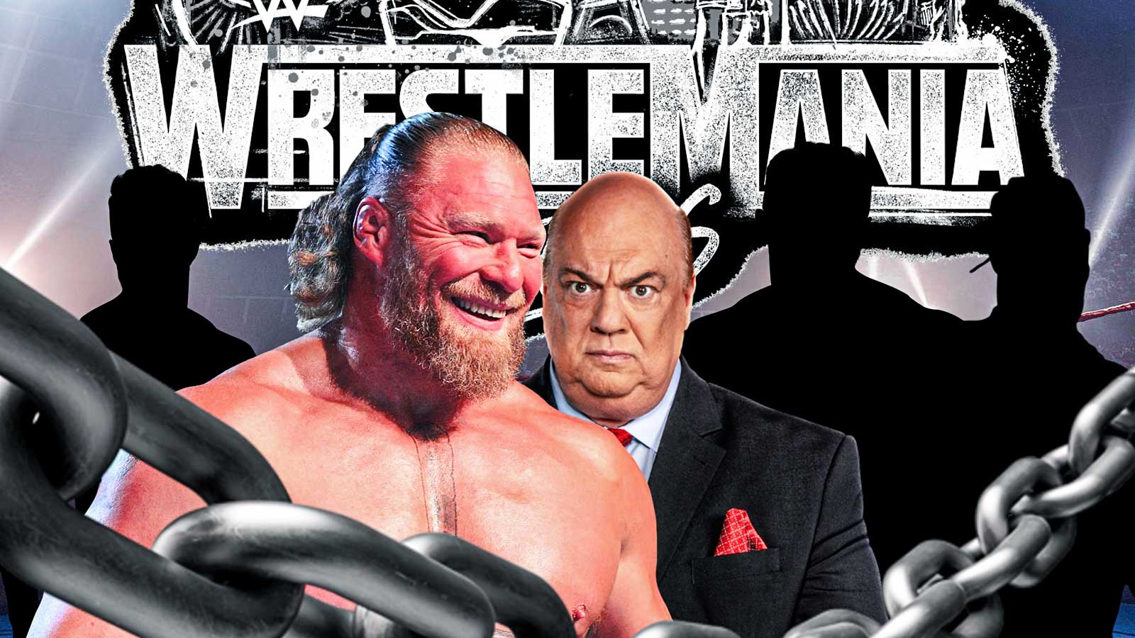 Brock Lesnar, Paul Heyman, with silhouettes of LA knight, Gunther, and Oba Femi. Background - WWE WrestleMania 42