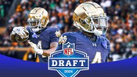 2 pictures of Notre Dame RB Jeremiyah Love with NFL Draft logo behind him