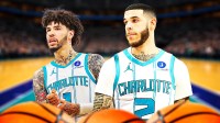 Lonzo Ball photoshopped in a Hornets jersey (include his jersey number), standing next to LaMelo Ball.