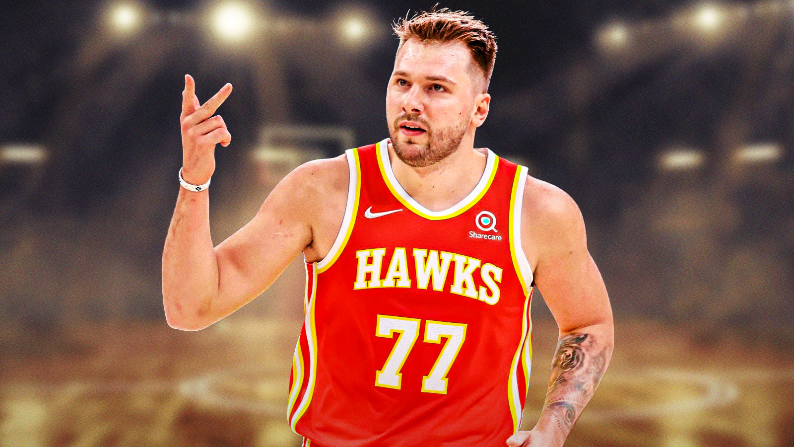 Luka Doncic photoshopped in Hawks jersey (include jersey number)