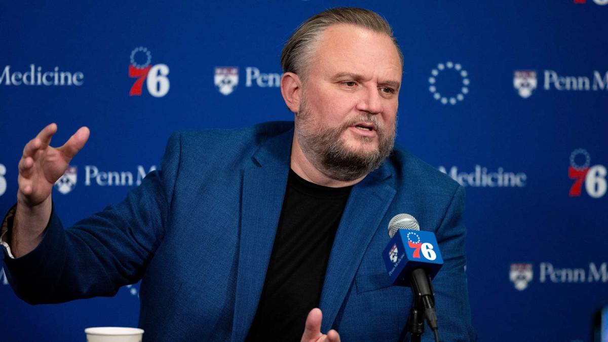 Philadelphia 76ers resident of Basketball Operations Daryl Morey speaks with the media before a game against the Detroit Pistons at Wells Fargo Center. Mandatory Credit: Bill Streicher-Imagn Images