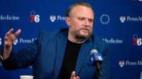 Philadelphia 76ers resident of Basketball Operations Daryl Morey speaks with the media before a game against the Detroit Pistons at Wells Fargo Center. Mandatory Credit: Bill Streicher-Imagn Images