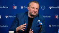 76ers resident of Basketball Operations Daryl Morey speaks with the media before a game against the Detroit Pistons at Wells Fargo Center