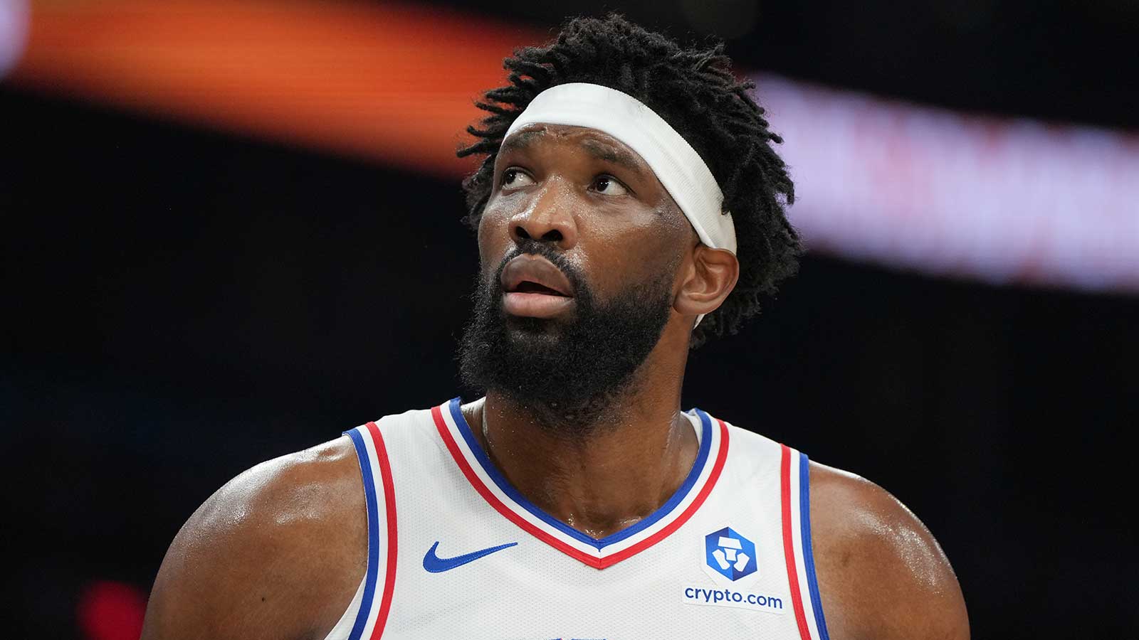 Philadelphia 76ers center Joel Embiid (21) reacts against the Phoenix Suns during the first half of an NBA game at Mortgage Matchup Center.