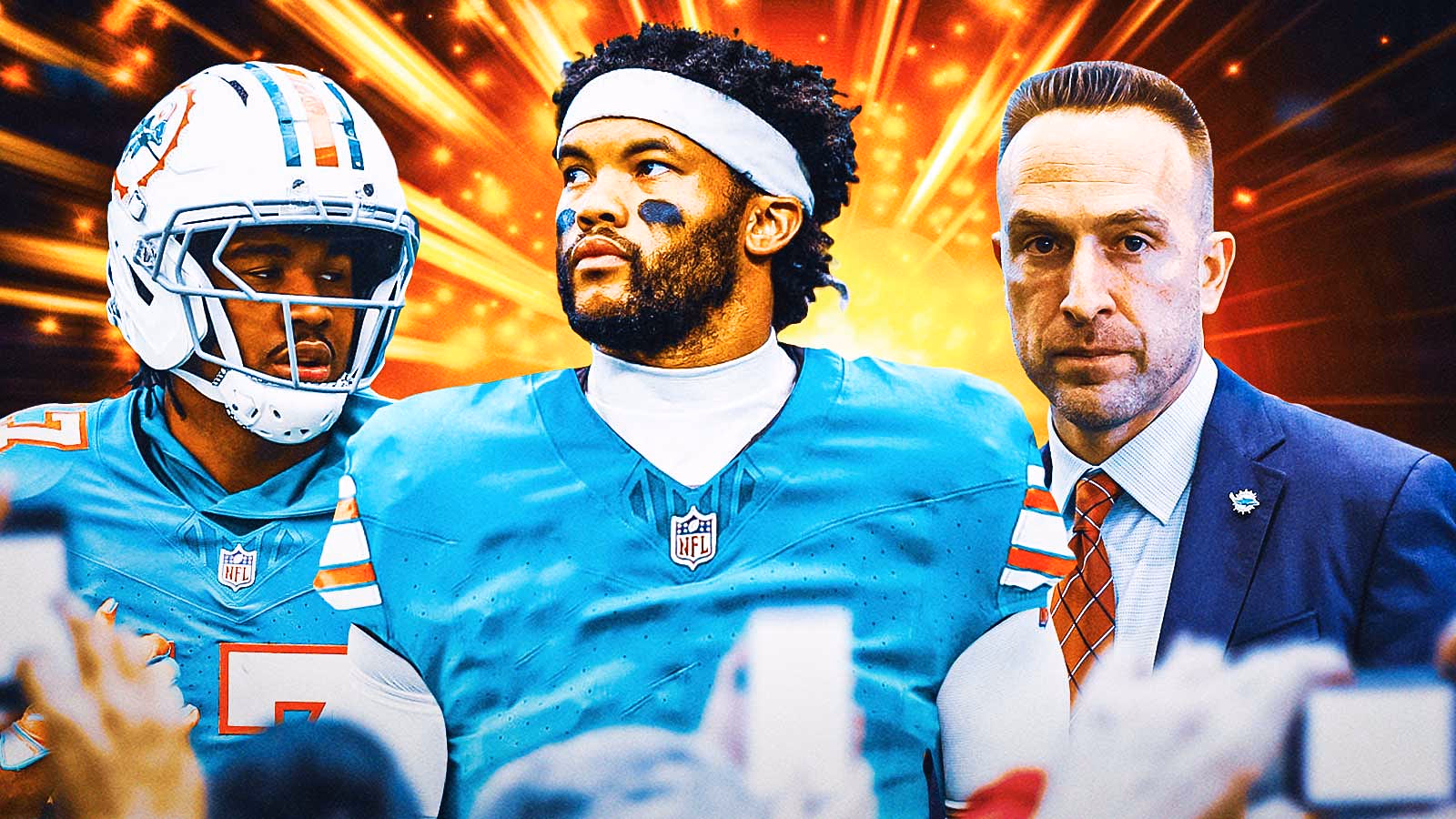 Kyler Murray in the middle, Jaylen Waddle and coach Jeff Hafley around him, Explosions in the background