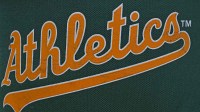 A general view of the Athletics logo on a bag, before a game against the Kansas City Royals at Kauffman Stadium.