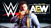 AEW World Champion MJF; WWE & AEW logos in the background