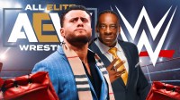 MJF and Booker T; AEW and WWE logos in the background