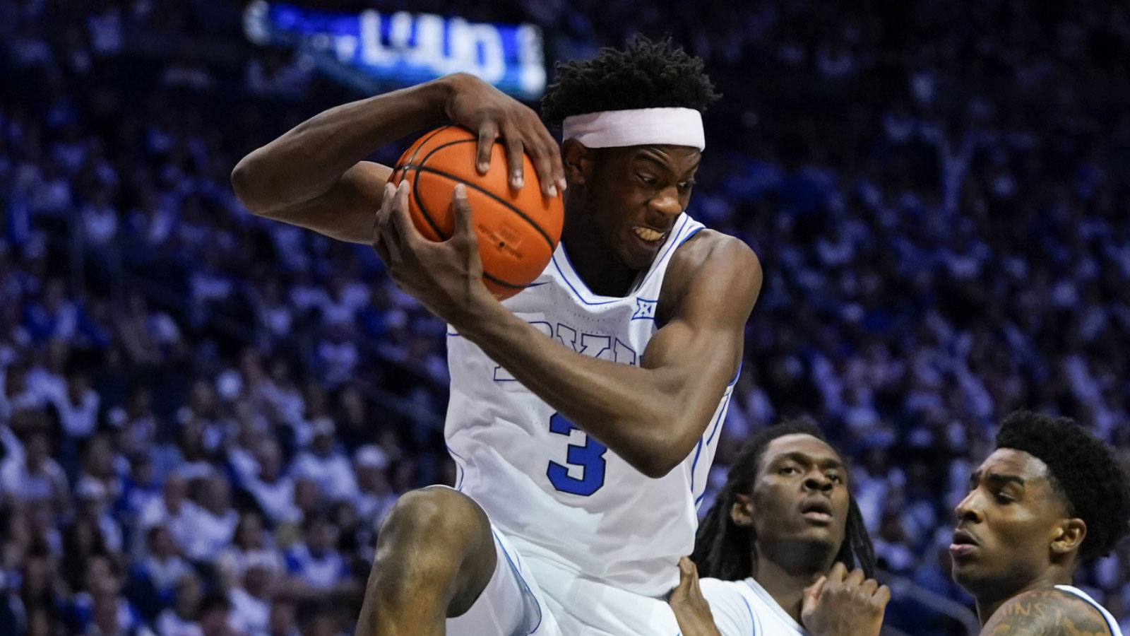 BYU Cougars forward AJ Dybantsa (3) rebounds the ball during the second half against the Colorado Buffaloes at the Marriott Center. 