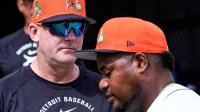 Detroit Tigers manager A.J. Hinch talks to pitcher Framber Valdez at practice during spring training at TigerTown in Lakeland, Fla. on Monday, Feb. 16, 2026.