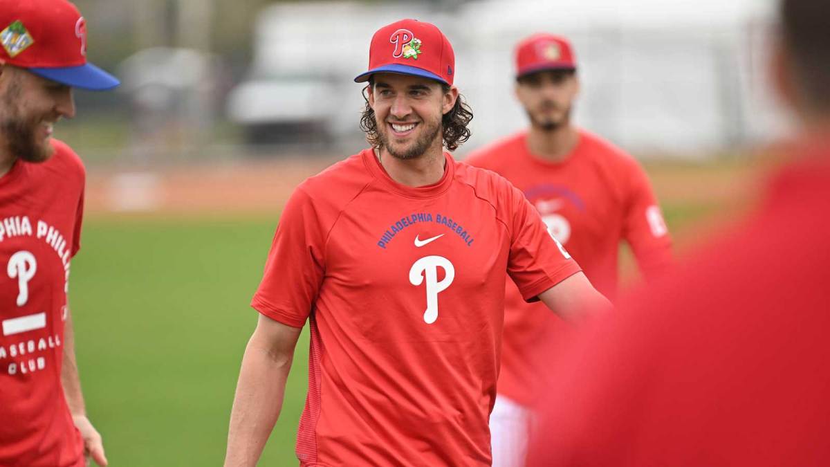 Philadelphia Phillies pitcher Aaron Nola (27) warms up during spring training at BareCare Ballpark.