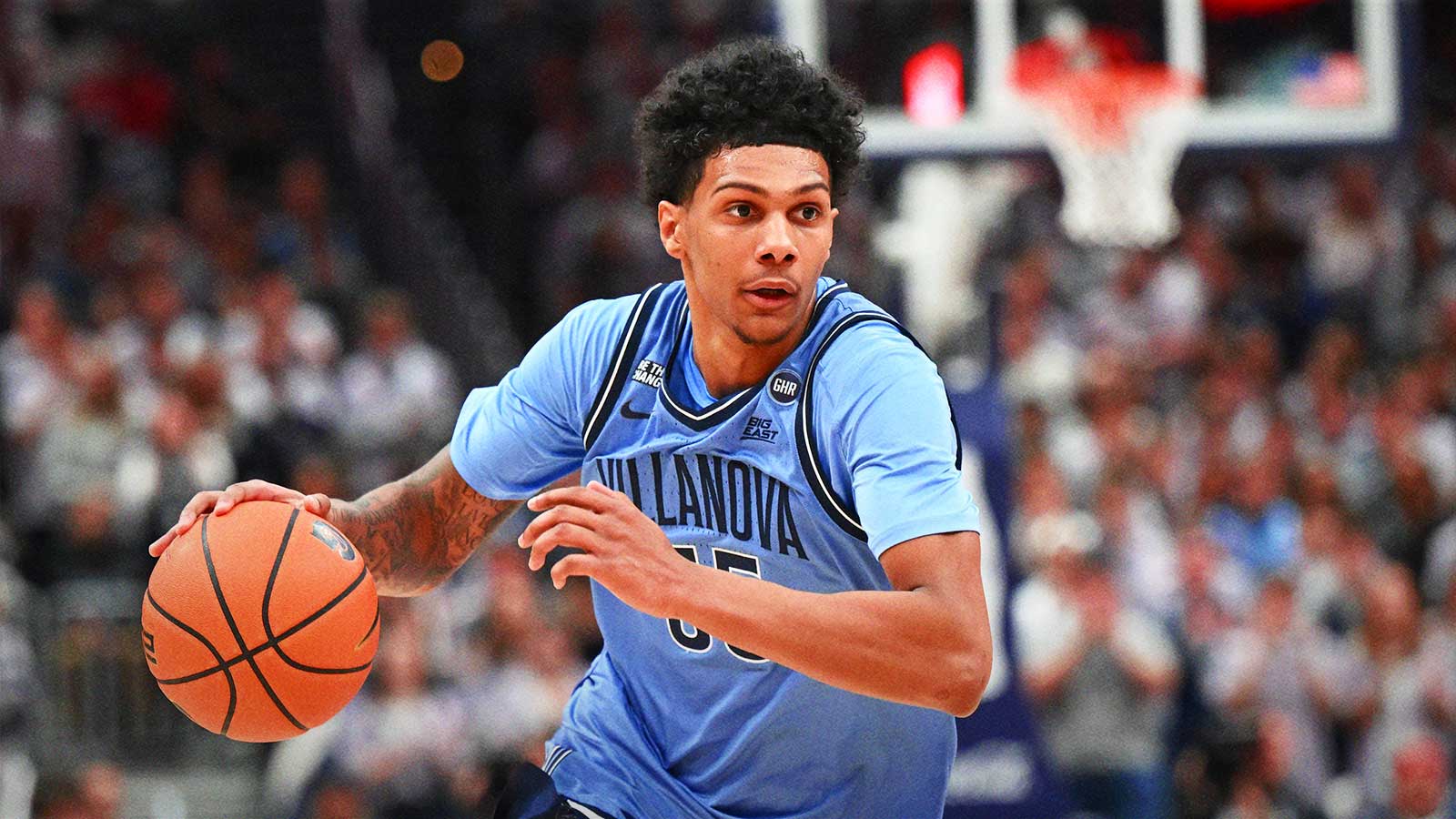 Villanova Wildcats guard Acaden Lewis (55) dribbles against the Georgetown Hoyas during the first half at Capital One Arena.