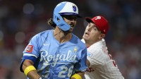 Philadelphia Phillies pitcher David Robertson (30) tags out Kansas City Royals second base Adam Frazier (26) during the seventh inning at Citizens Bank Park.