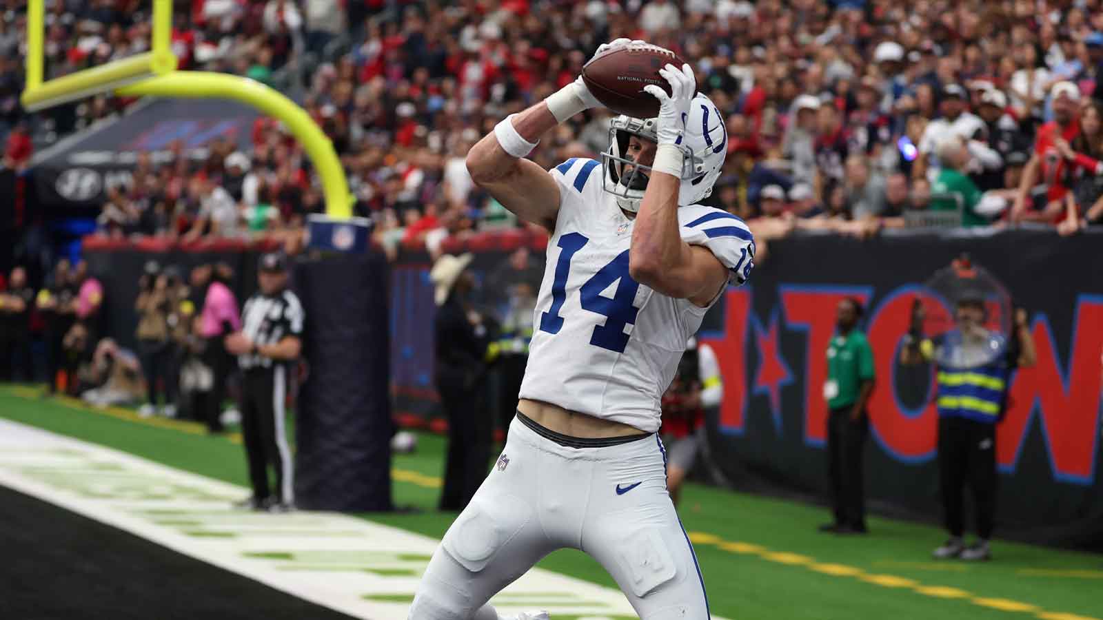 Indianapolis Colts wide receiver Alec Pierce (14) catches a touchdown pass against the Houston Texans during the first half at NRG Stadium. 