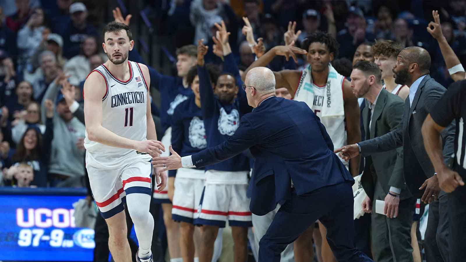 UConn Huskies forward Alex Karaban (11) returns the ball against the Georgetown Hoyas in the first half at Harry A. Gampel Pavilion.