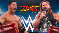 TNA version of AJ Styles with WWE version of AJ Styles, WWE and TNA logo