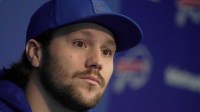 Bills quarterback Josh Allen answers a range of questions after the press conference introducing Joe Brady as the new head coach at the Bills field house in Orchard Park on Jan. 29, 2026.