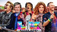 Super Bowl 60 logo with past Halftime Show performers who are not American, such as U2 singer Bono, Paul McCartney, Rolling Stones singer Mick Jagger, Shakira, and Coldplay singer Chris Martin, with Levi's Stadium background.