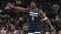 Minnesota Timberwolves guard Anthony Edwards (5) reacts during the fourth quarter against the Memphis Grizzlies at FedExForum.
