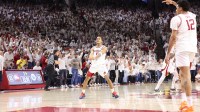 Arkansas Razorbacks guard Darius Acuff Jr (5) celebrates after making a three point shot against the Kentucky Wildcats during the second half at Bud Walton Arena. Kentucky won 85-77.