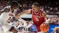 Arkansas guard Darius Acuff Jr. (5) drives against Alabama guard Latrell Wrightsell Jr. (3) at Coleman Coliseum. Alabama defeated Arkansas 117-115 in double overtime.