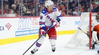 New York Rangers right wing Artemi Panarin (10) controls the puck against the Philadelphia Flyers in the first period at Xfinity Mobile Arena