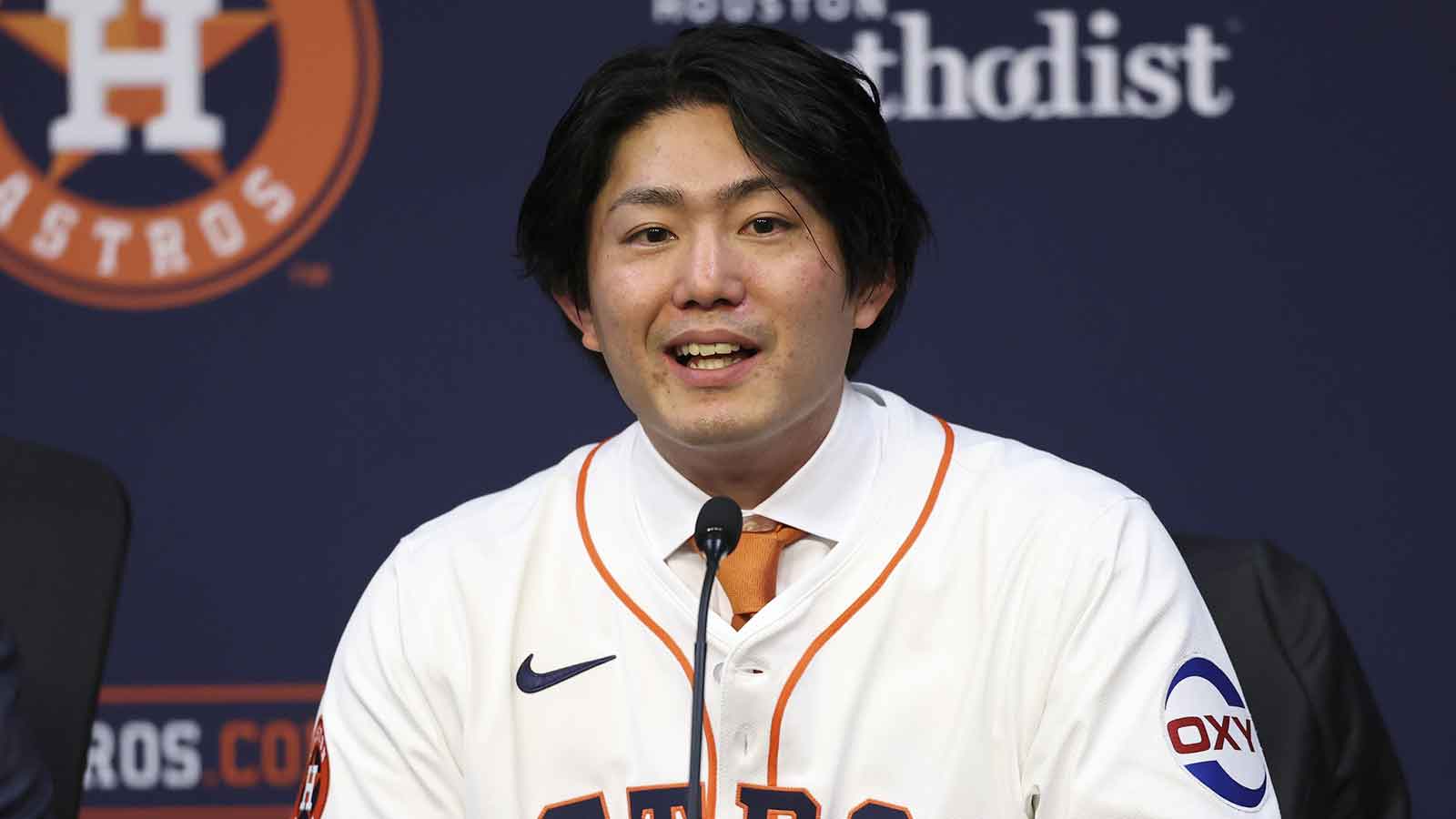 Houston Astros pitcher Tatsuya Imai talks during a press conference at Daikin Park.