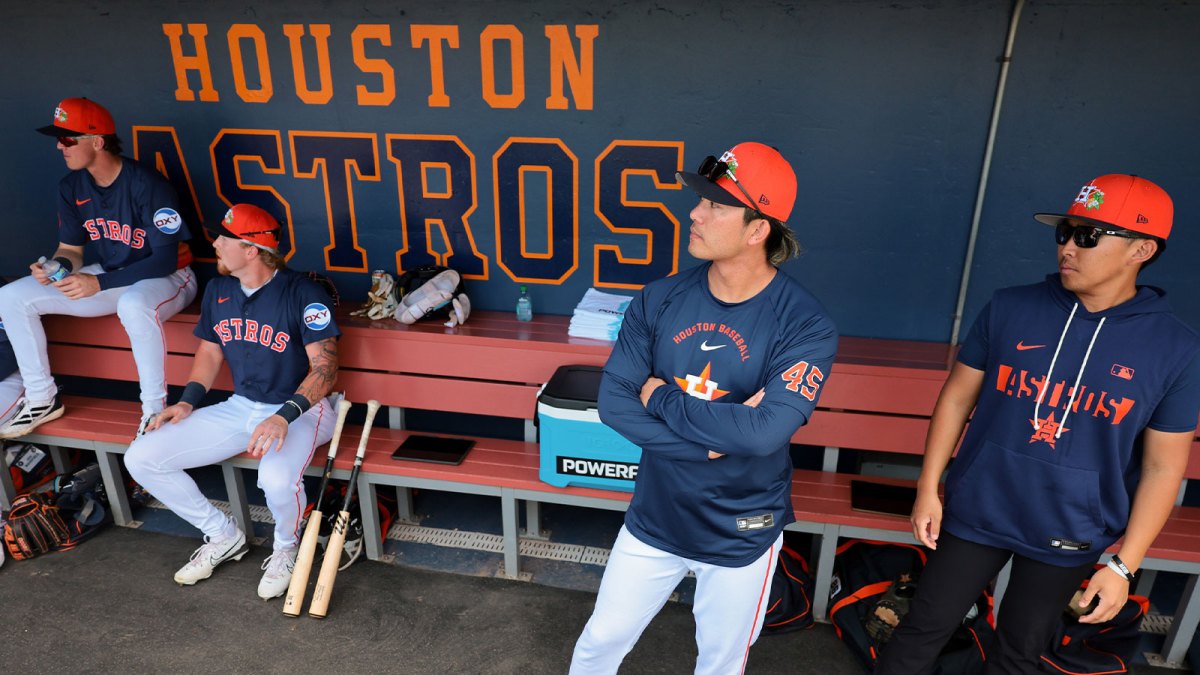 Houston Astros starting pitcher Tatsuya Imai (45) looks on from inside the dugout before the game against the St. Louis Cardinals at CACTI Park of the Palm Beaches.