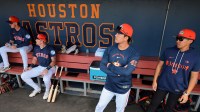 Houston Astros starting pitcher Tatsuya Imai (45) looks on from inside the dugout before the game against the St. Louis Cardinals at CACTI Park of the Palm Beaches.