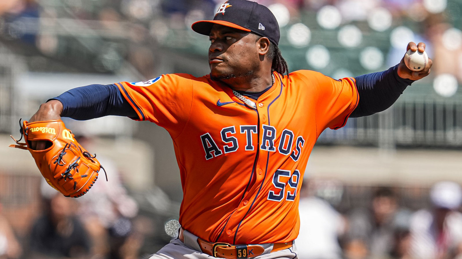Houston Astros starting pitcher Framber Valdez (59) pitches against the Atlanta Braves during the second inning at Truist Park.