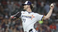 Houston Astros relief pitcher Josh Hader (71) delivers a pitch during the ninth inning against the Detroit Tigers at Daikin Park.