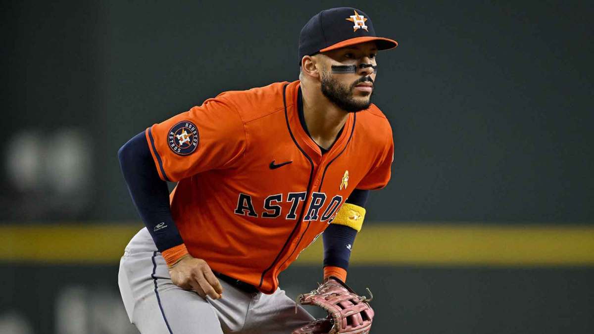 Houston Astros third baseman Carlos Correa (1) looks on during the game between the Texas Rangers and the Houston Astros at Globe Life Field.